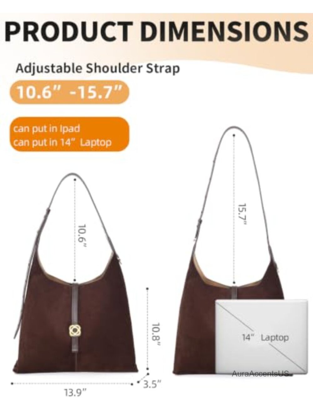 Faux Suede Hobo Shoulder Bag Adjustable Strap Medium Tote Handbag - Picture 4 of 6